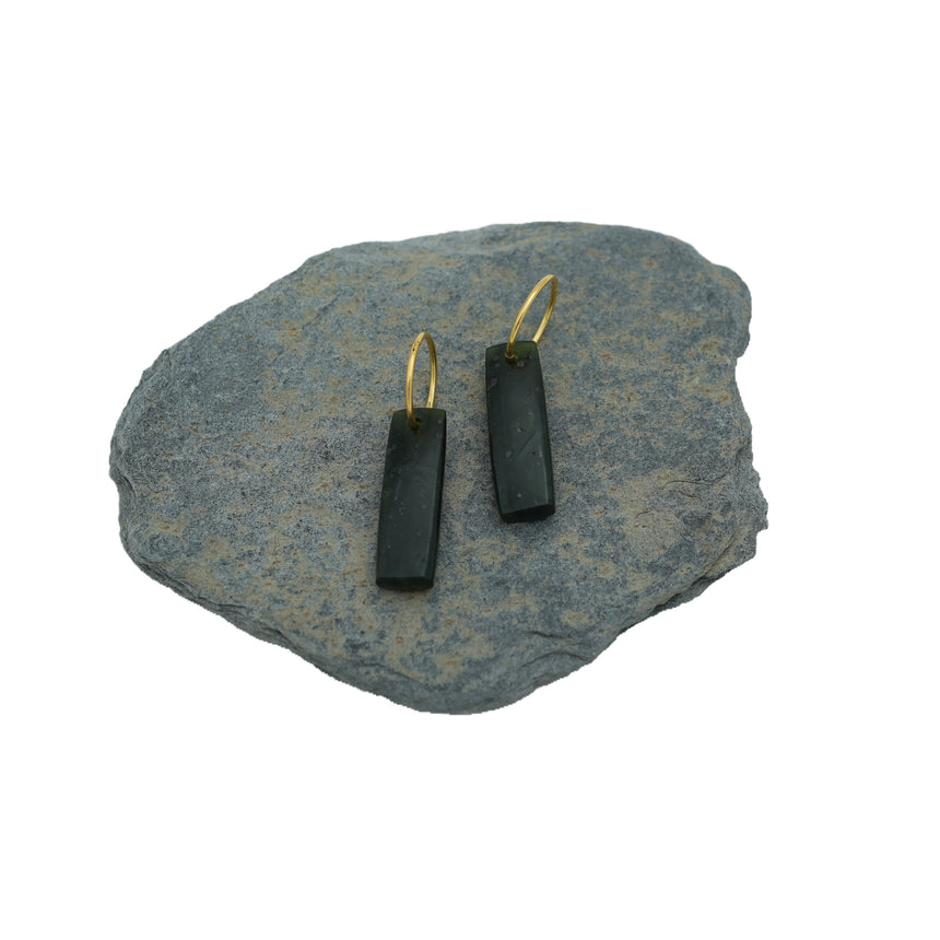 Pounamu Hoop Earrings - Forest Green Rectangle on Gold