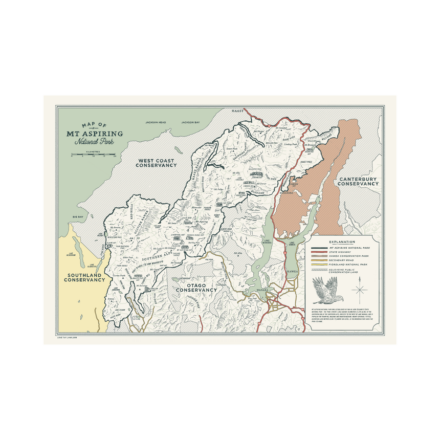 Mt Aspiring National Park Map Art Print